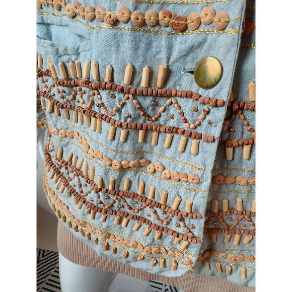 Sandy Starkman Chambray Embroidered Wood Beaded Cotton Jacket Vintage Size Large - Picture 14 of 16